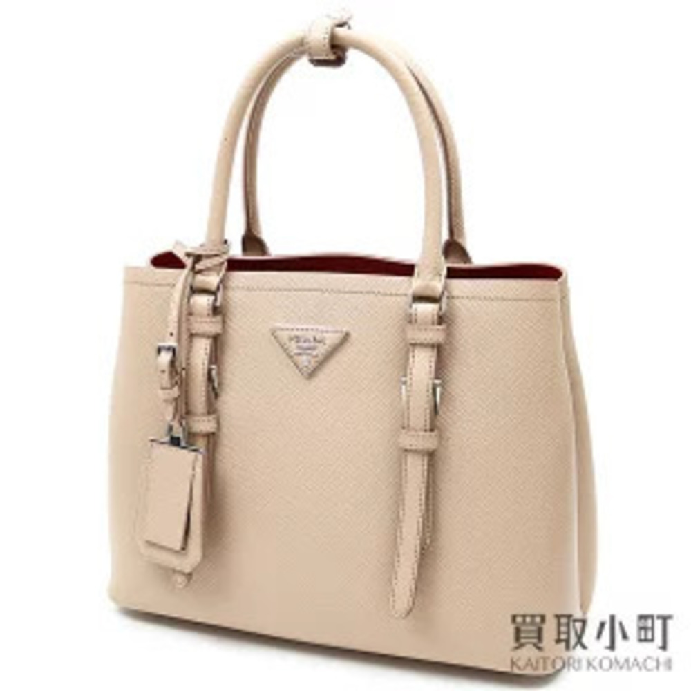 Prada Double Bag Saffiano Leather Triangle Cameo Red Shopping Tote Beige CUIR